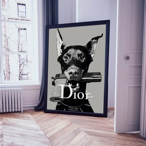 dior dog with gun poster|Doberman dog Dior holding gun wall art pictures with liquid art.